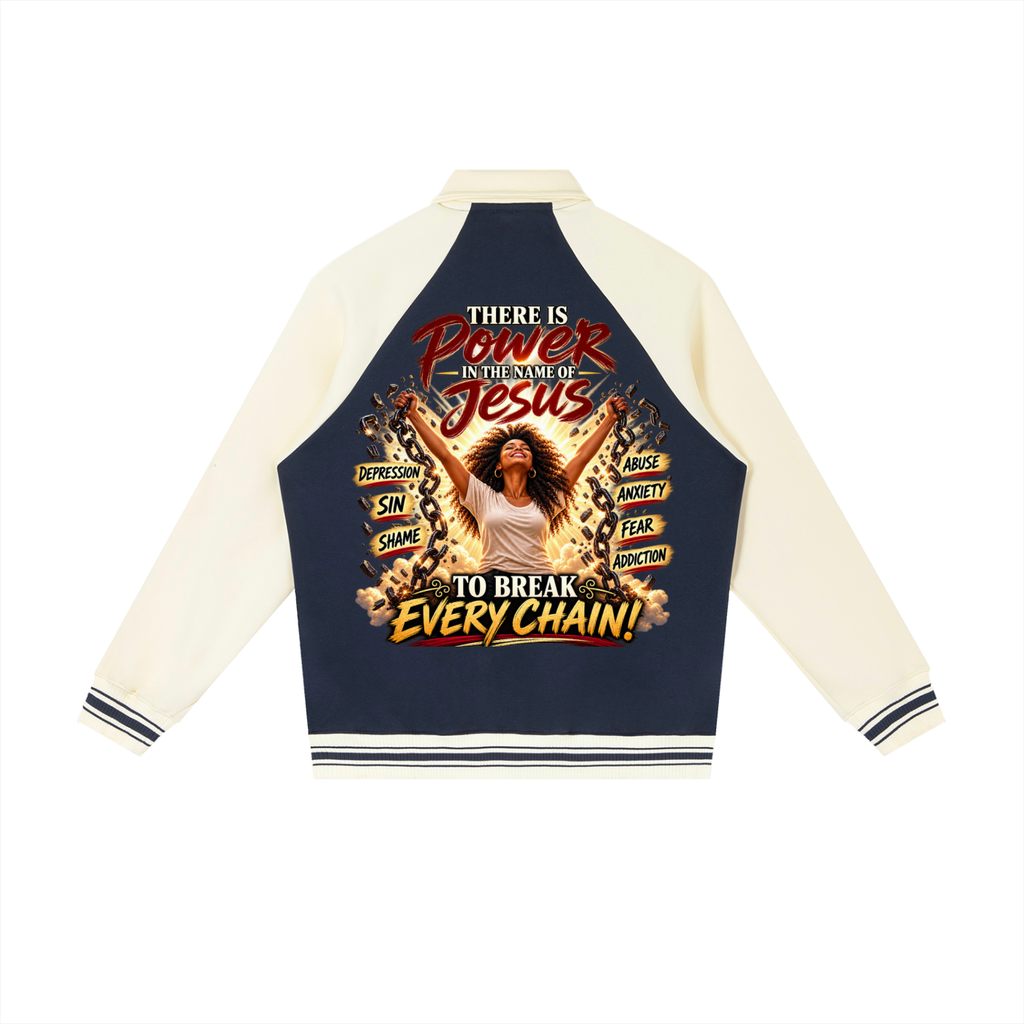 Power In The Name of Jesus Contrast Raglan Sleeve Baseball Jacket