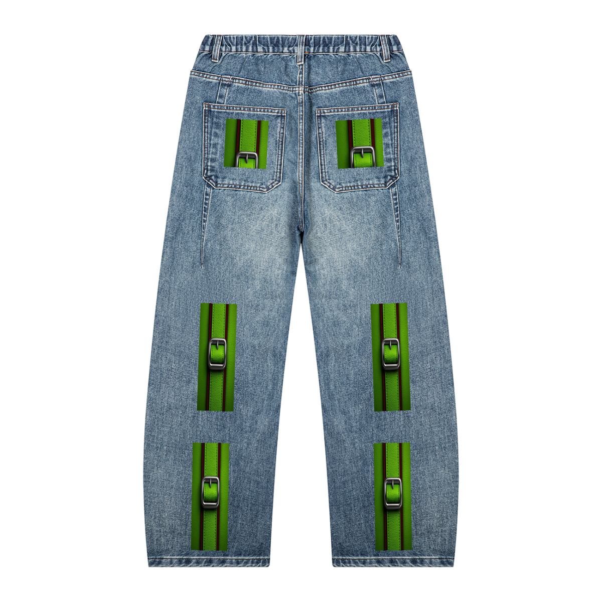 Unisex Vintage Wash Barrel Leg Denim Jeans – Green Buckle Design