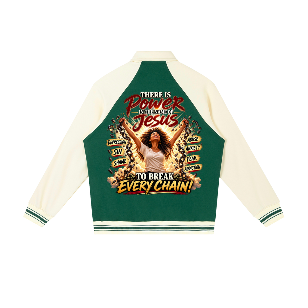 Power In The Name of Jesus Contrast Raglan Sleeve Baseball Jacket