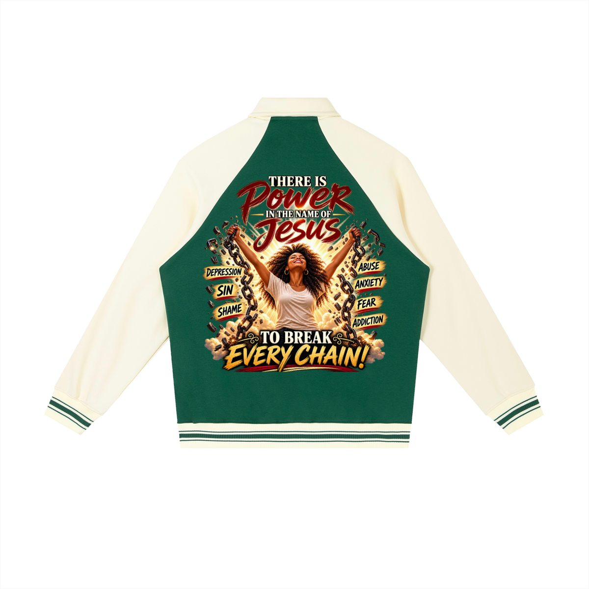 Power In The Name of Jesus Contrast Raglan Sleeve Baseball Jacket