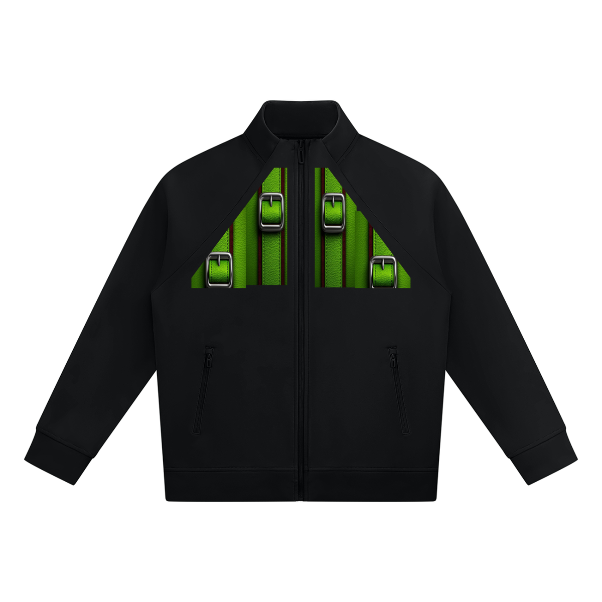 Unisex Stand Collar Jacket Green Buckle Design