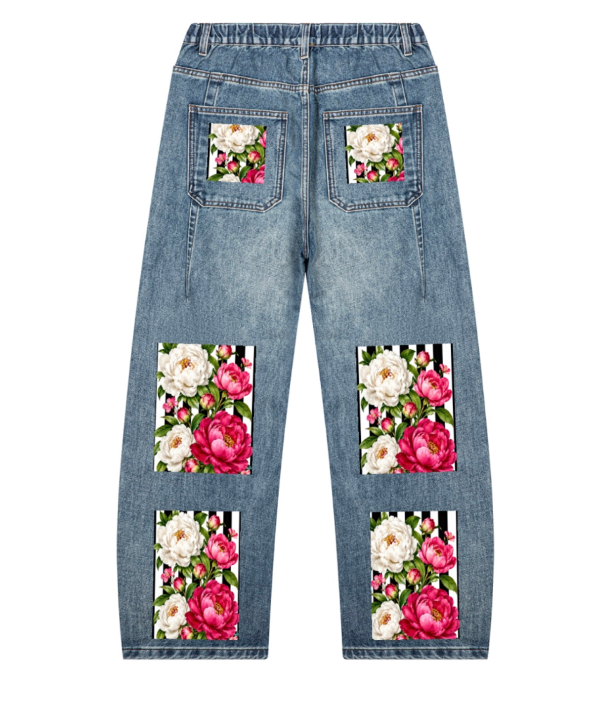 Unisex Vintage Wash Barrel Leg Denim Jeans – Floral Design