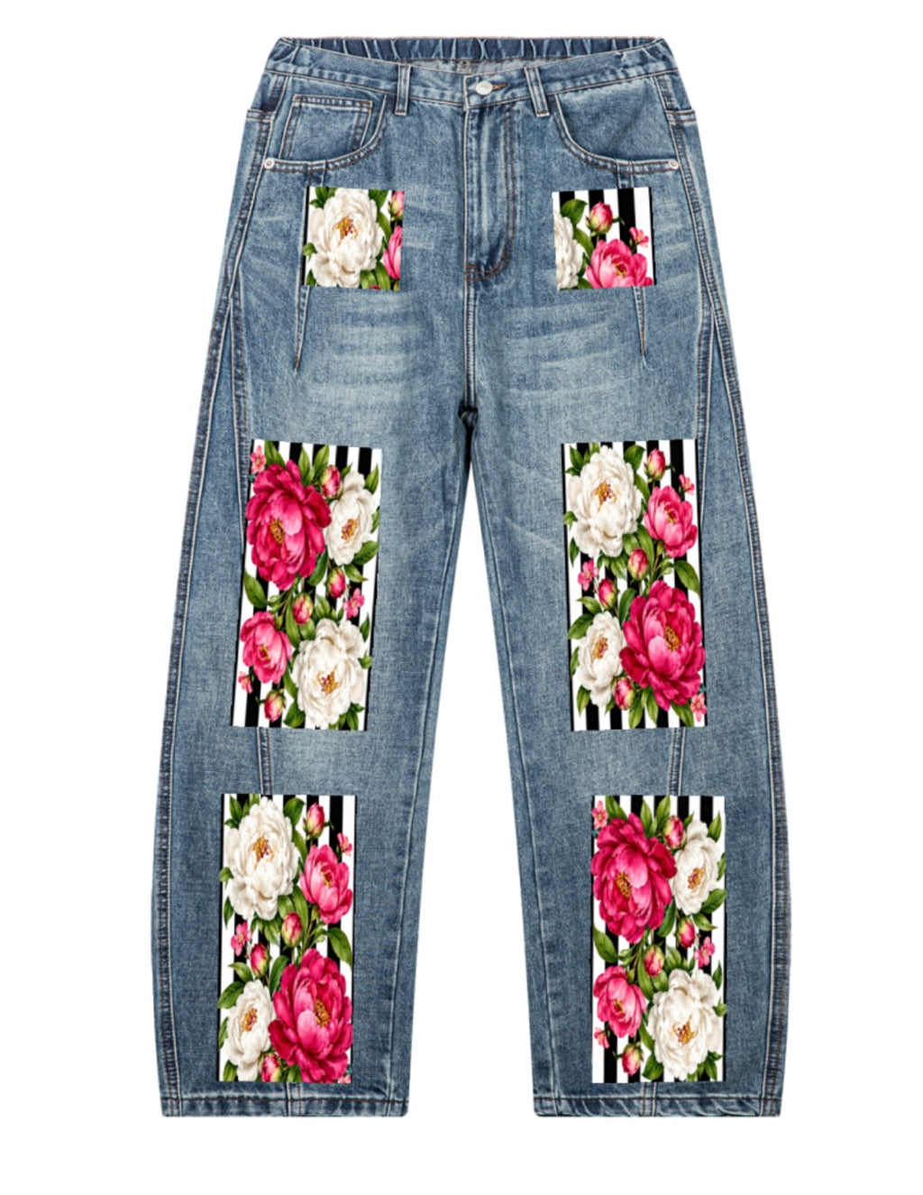 Unisex Vintage Wash Barrel Leg Denim Jeans – Floral Design