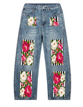 Unisex Vintage Wash Barrel Leg Denim Jeans – Floral Design