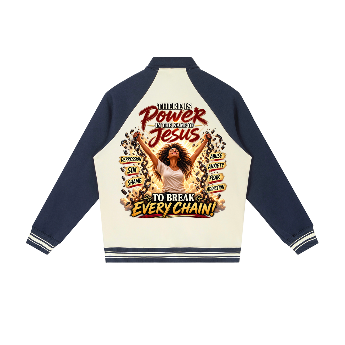 Power In The Name of Jesus Contrast Raglan Sleeve Baseball Jacket