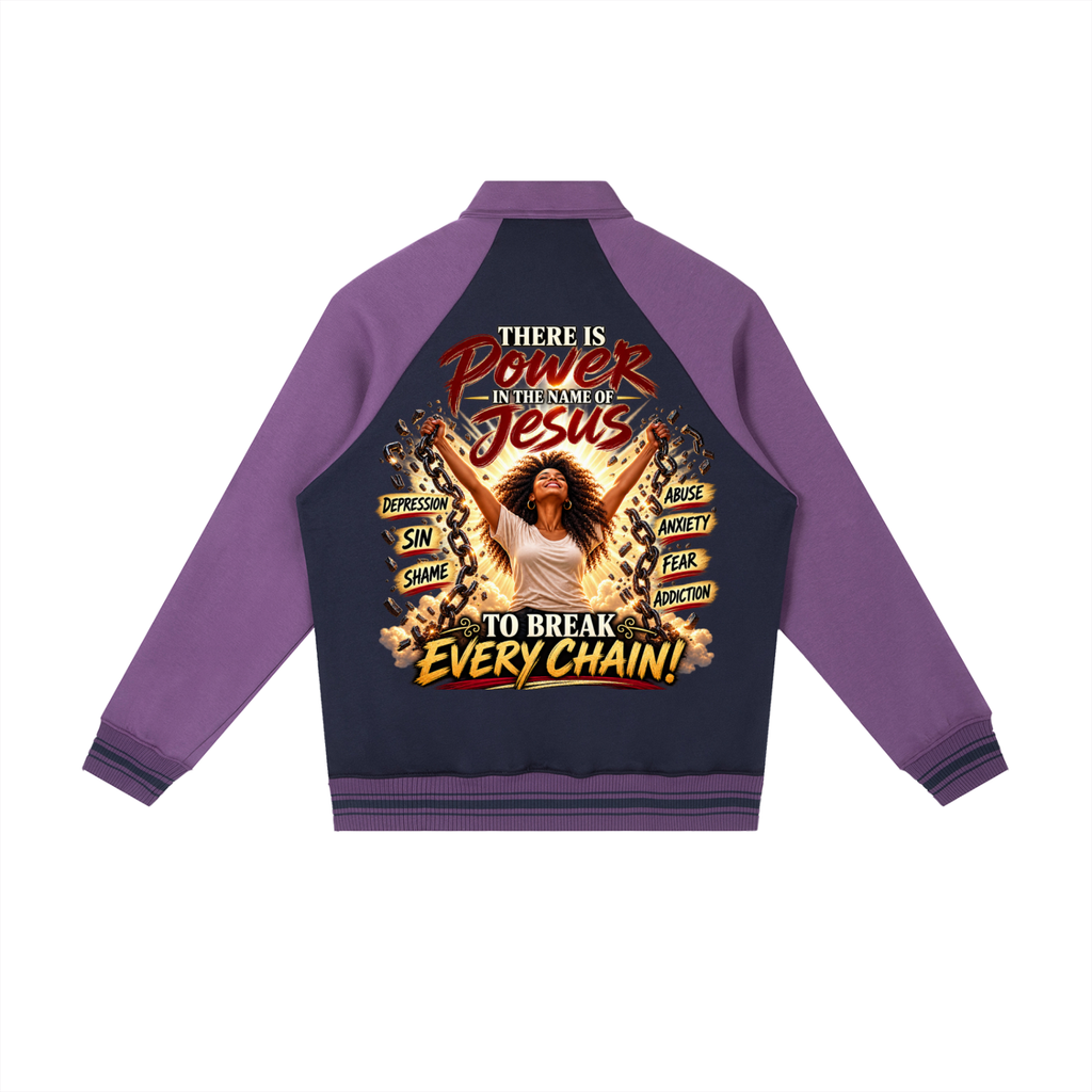 Power In The Name of Jesus Contrast Raglan Sleeve Baseball Jacket