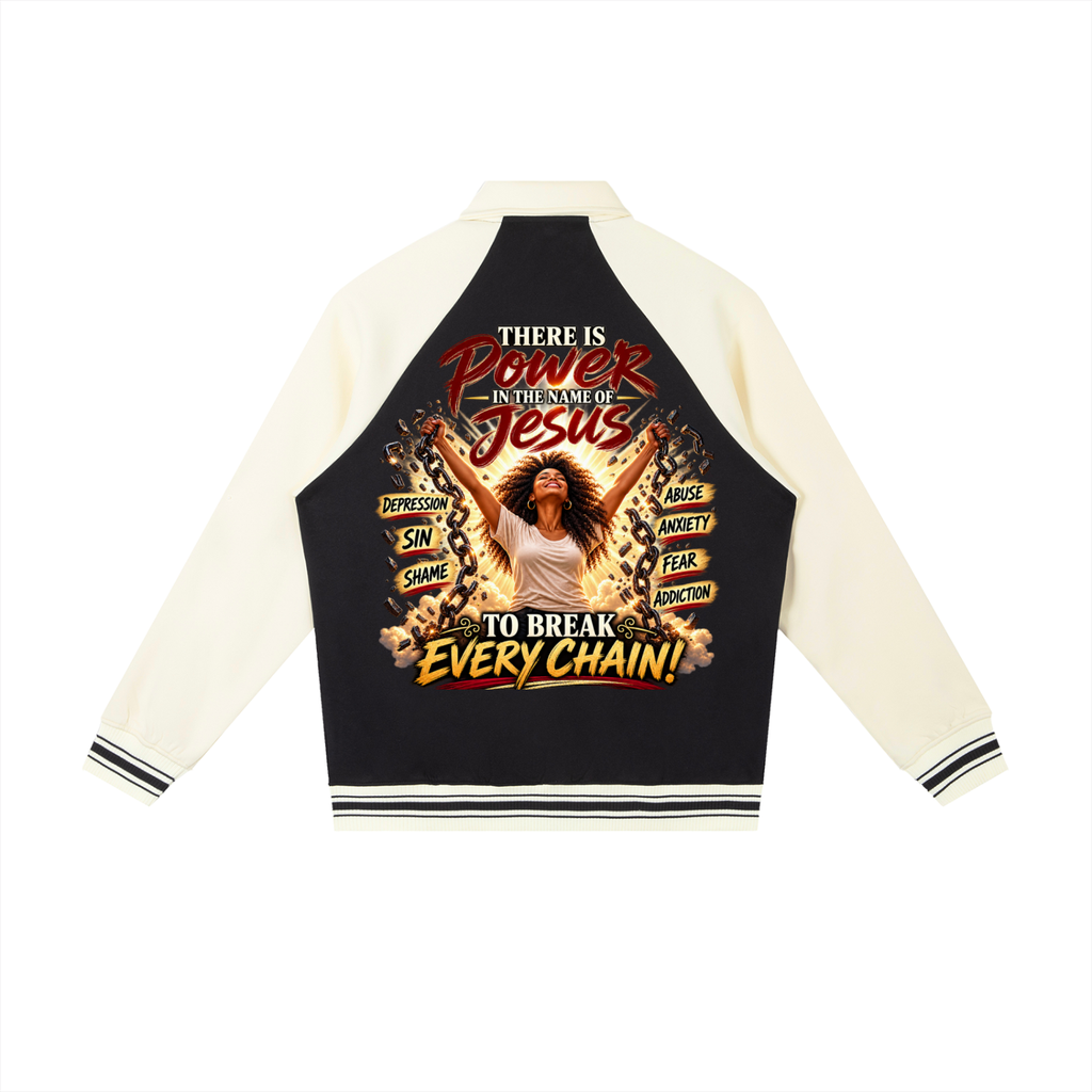 Power In The Name of Jesus Contrast Raglan Sleeve Baseball Jacket