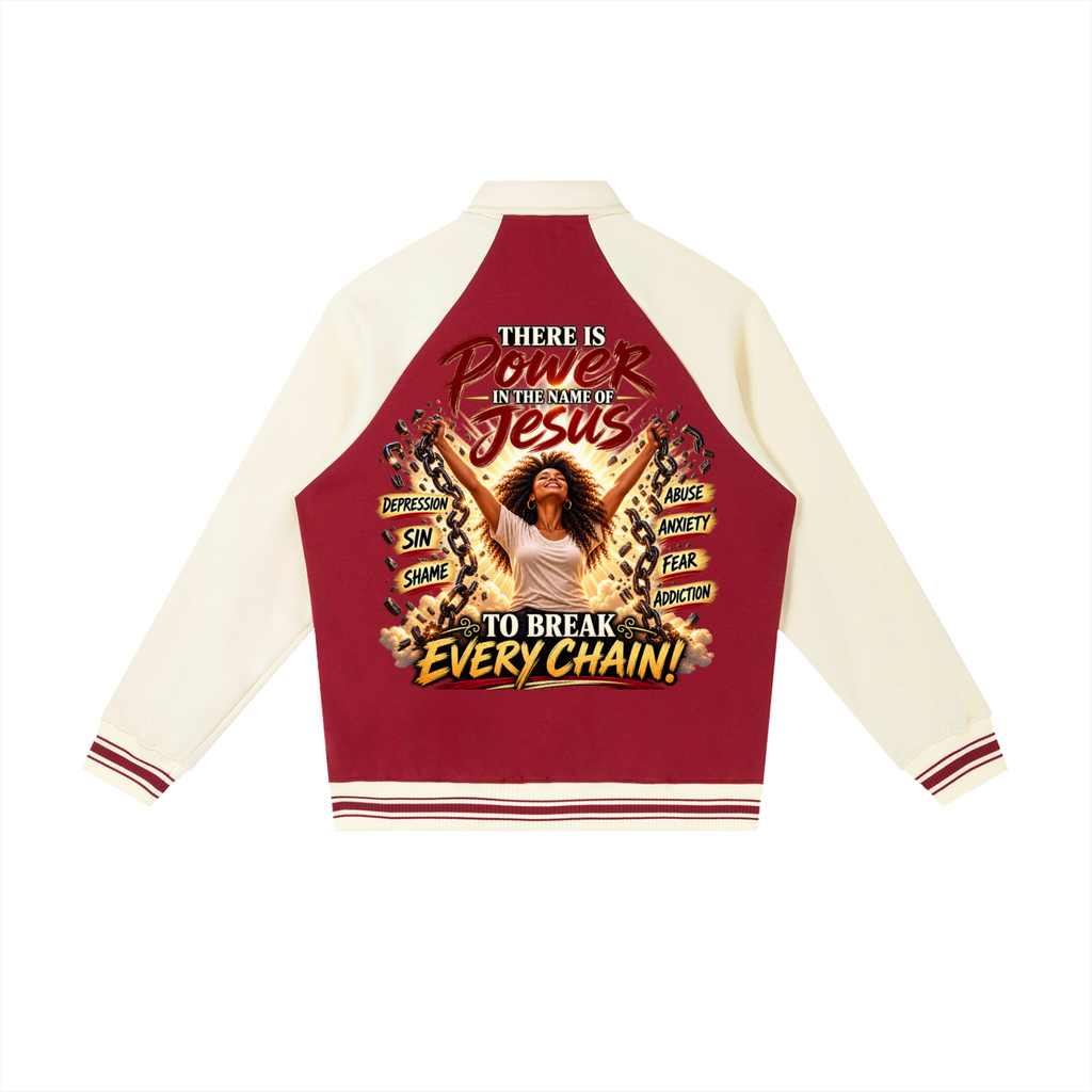 Power In The Name of Jesus Contrast Raglan Sleeve Baseball Jacket