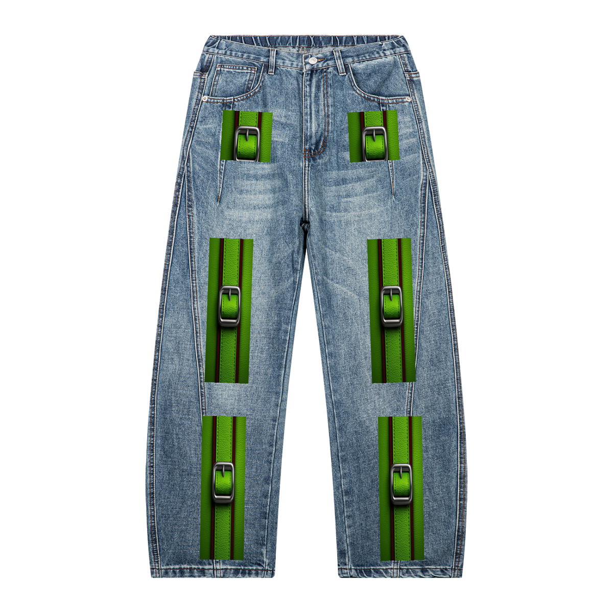 Unisex Vintage Wash Barrel Leg Denim Jeans – Green Buckle Design