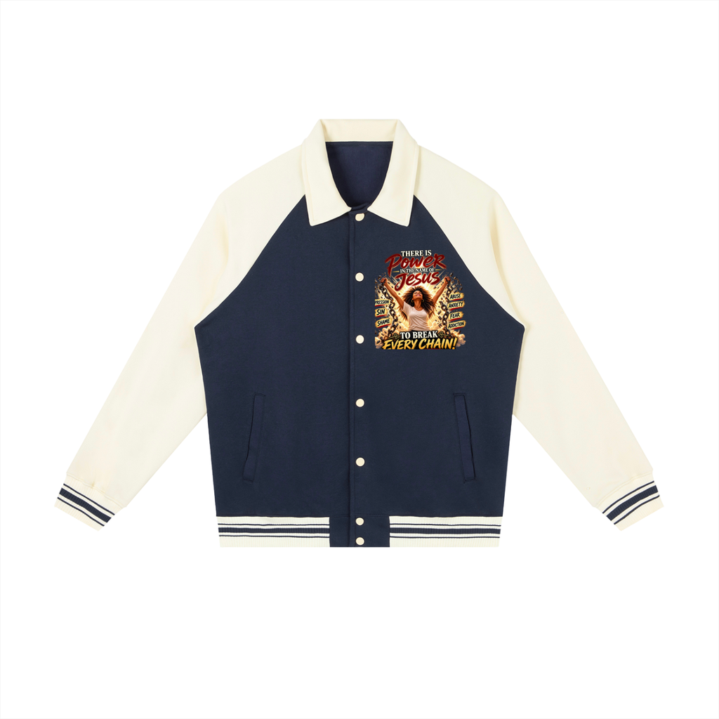 Power In The Name of Jesus Contrast Raglan Sleeve Baseball Jacket