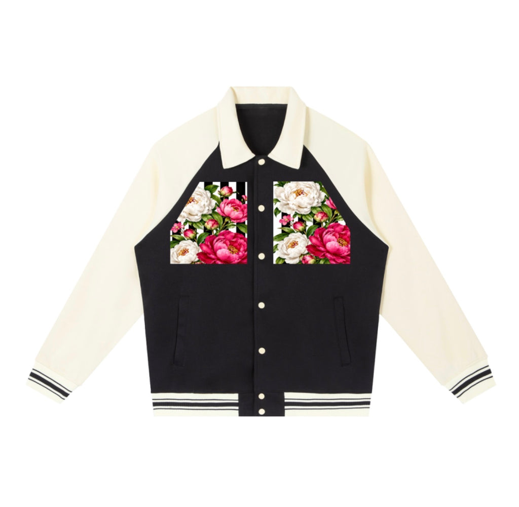 Front view of contrast raglan sleeve baseball jacket with pink and white floral artwork