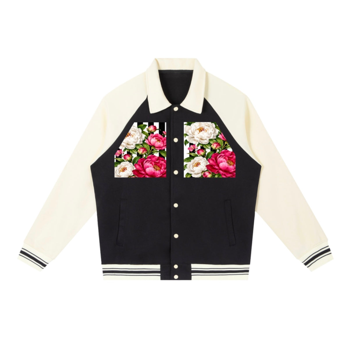 Front view of contrast raglan sleeve baseball jacket with pink and white floral artwork