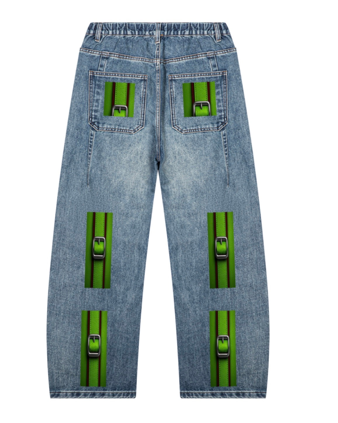 Back view of unisex vintage wash barrel leg denim jeans with green buckle-inspired artwork