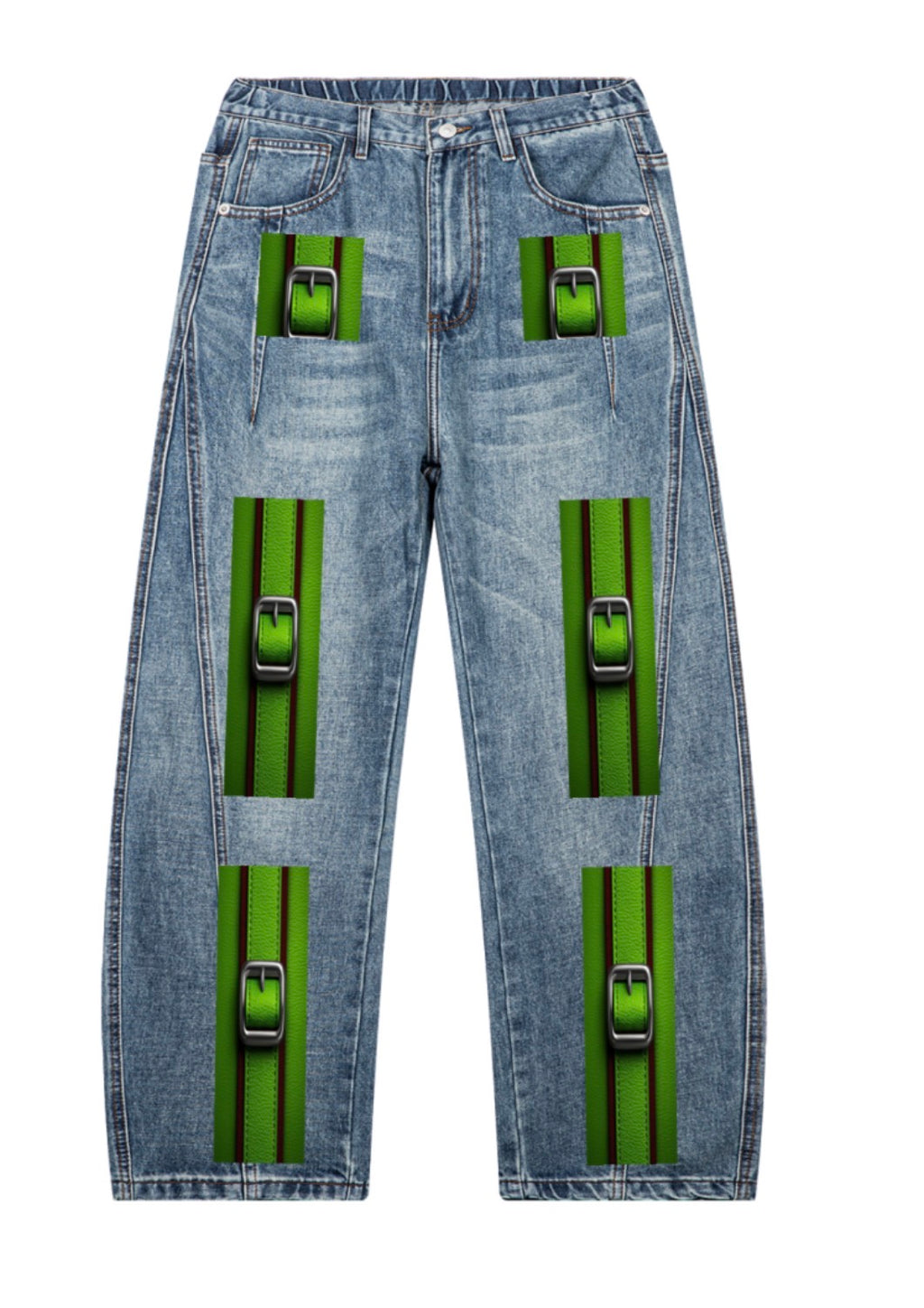 Front view of unisex vintage wash barrel leg denim jeans with green buckle-inspired artwork