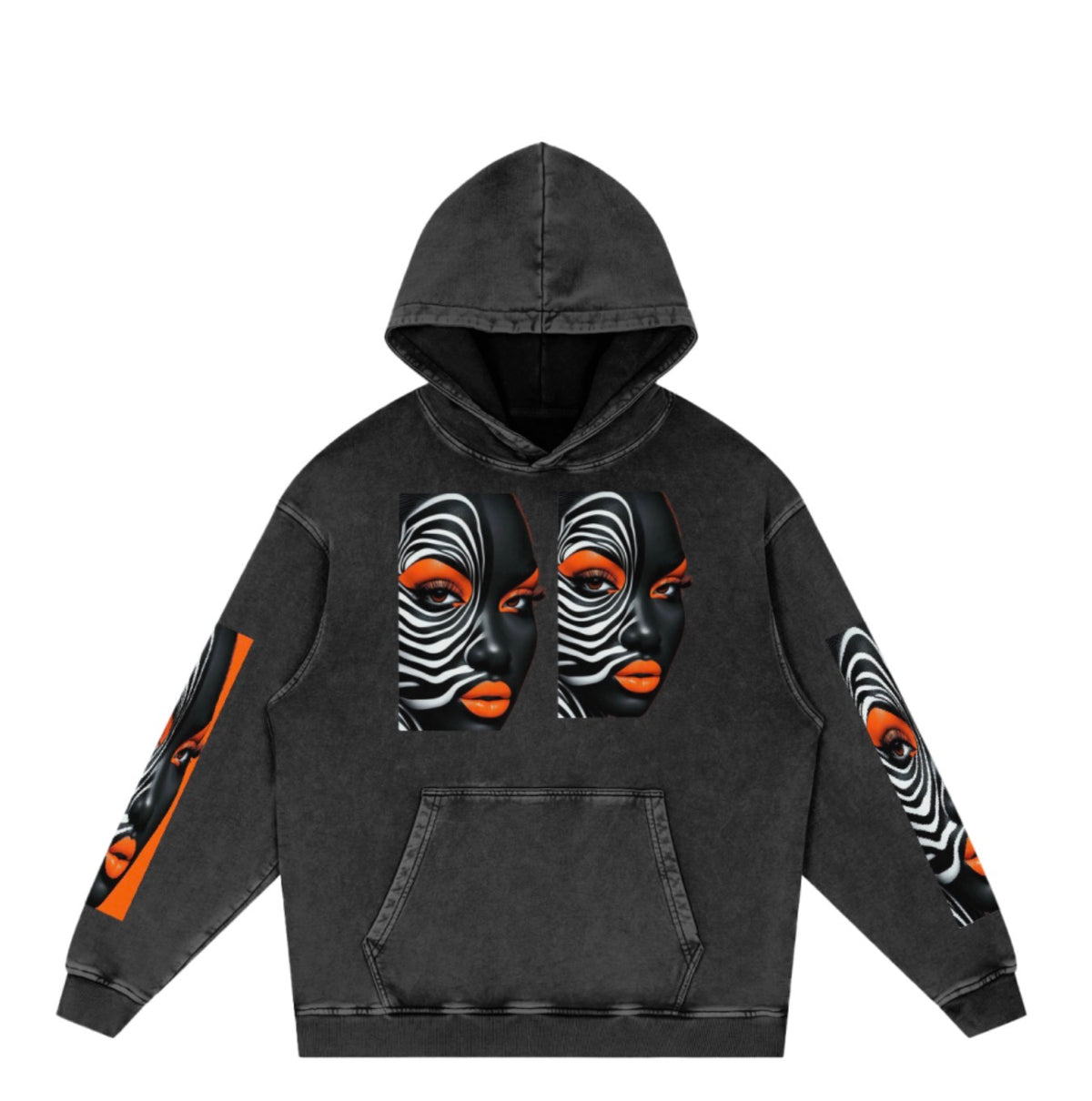 Snow washed loose cotton hoodie in black with black, white, and orange portrait artwork