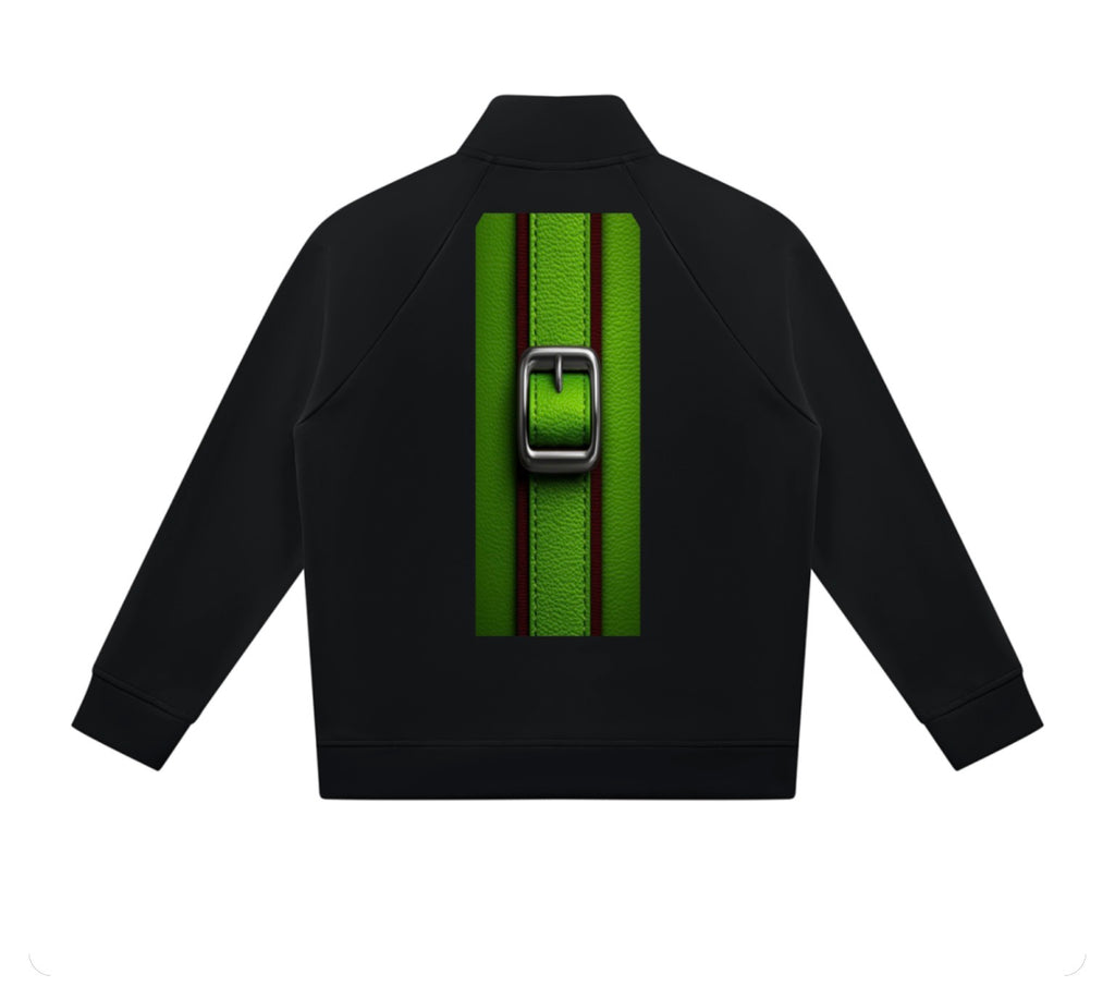 Back view of unisex black stand collar jacket with green buckle-inspired artwork