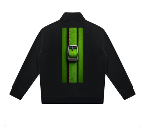 Back view of unisex black stand collar jacket with green buckle-inspired artwork