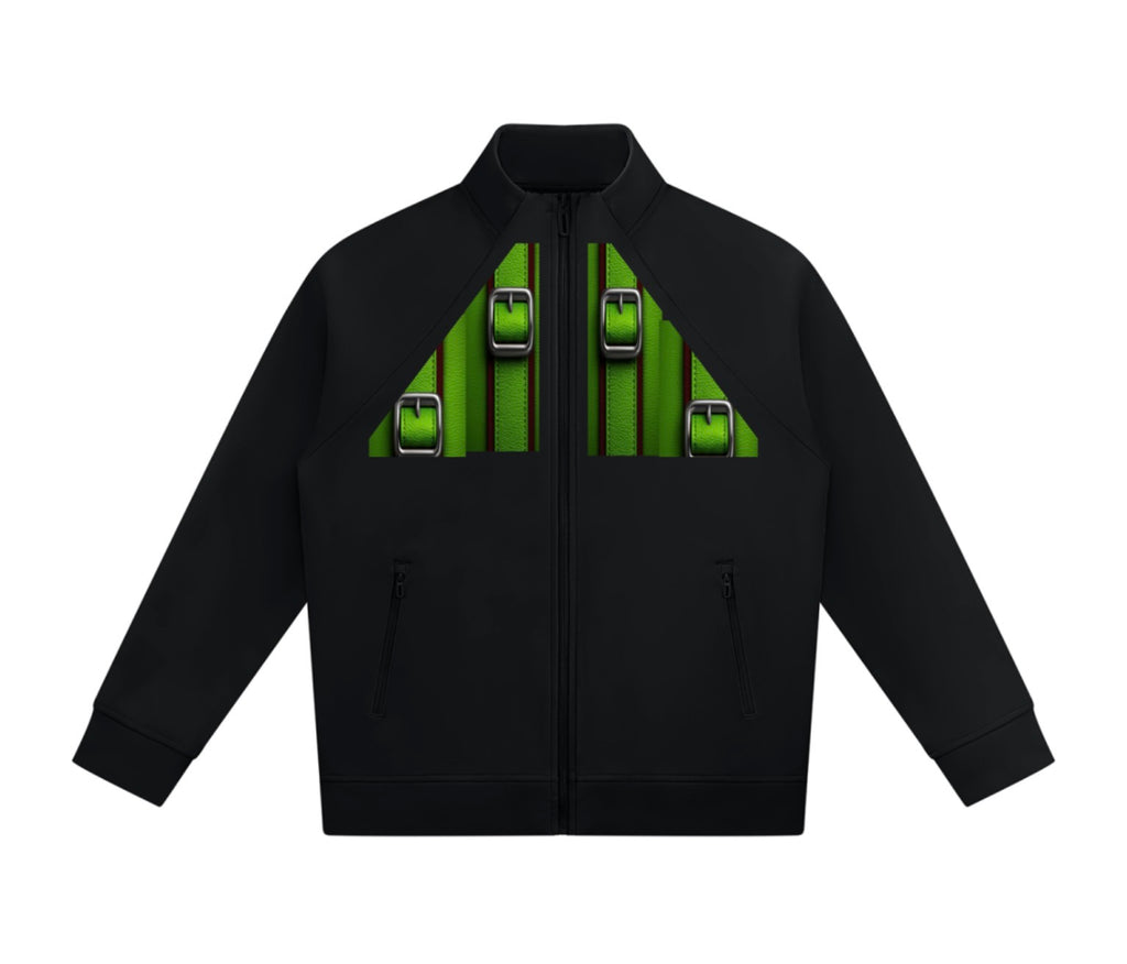 Front view of unisex black stand collar jacket with green buckle-inspired artwork
