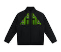 Front view of unisex black stand collar jacket with green buckle-inspired artwork