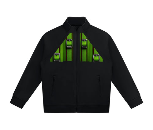 Front view of unisex black stand collar jacket with green buckle-inspired artwork