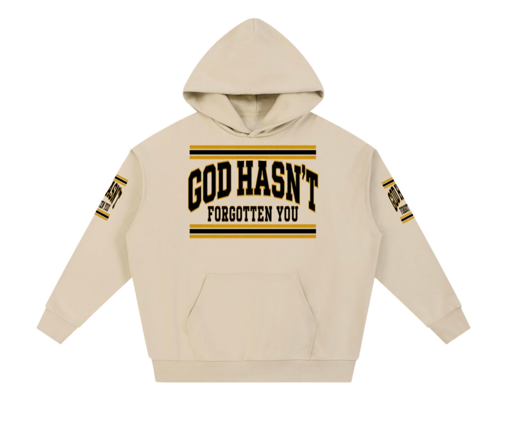 God Hasn't Forgotten You heavyweight varsity hoodie in apricot