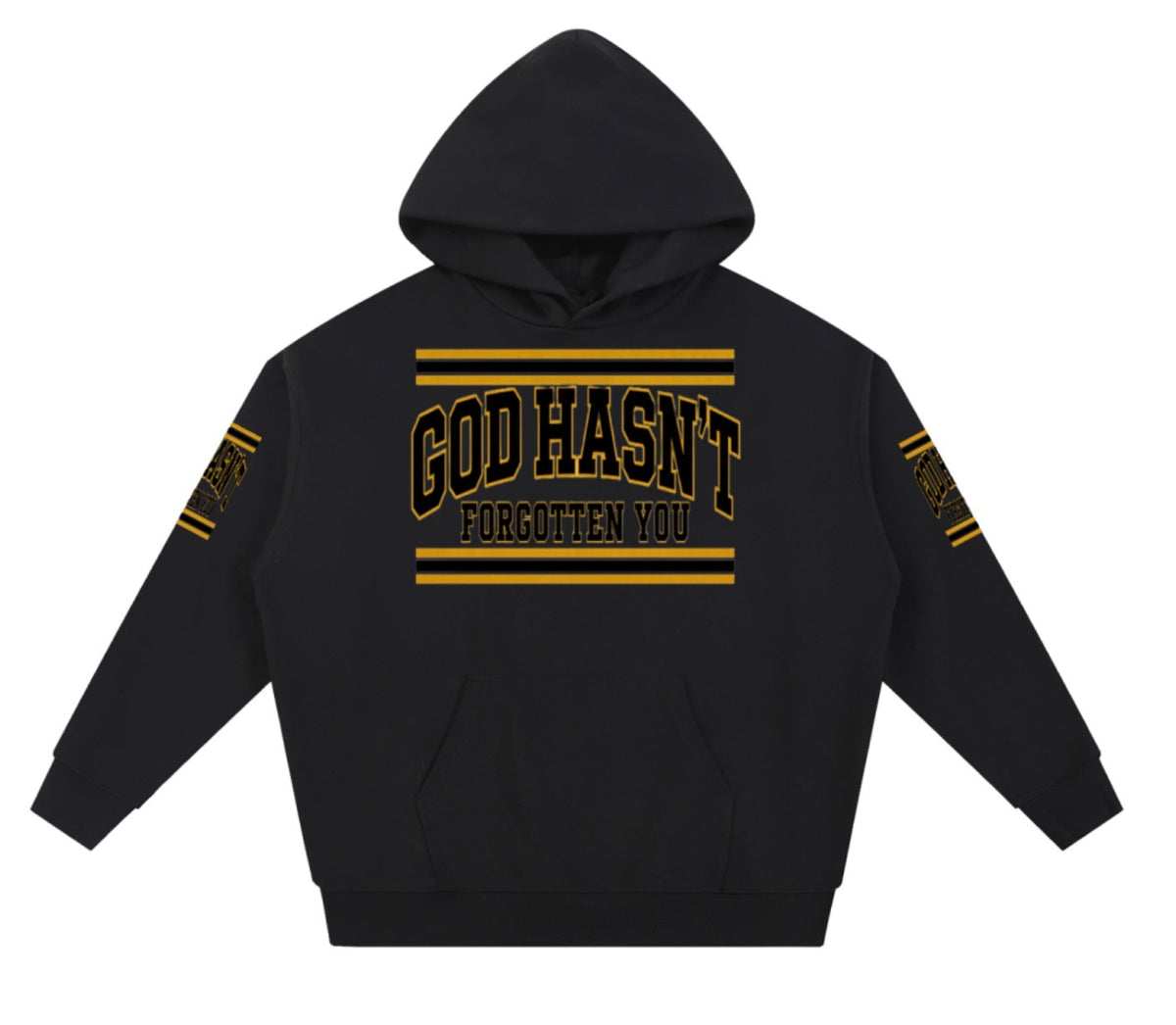 God Hasn't Forgotten You heavyweight varsity hoodie in black