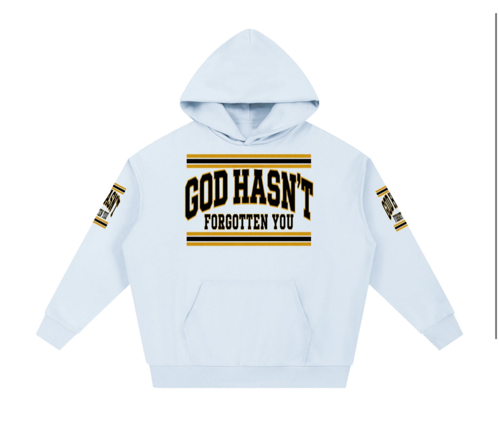 God Hasn't Forgotten You heavyweight varsity hoodie in blue