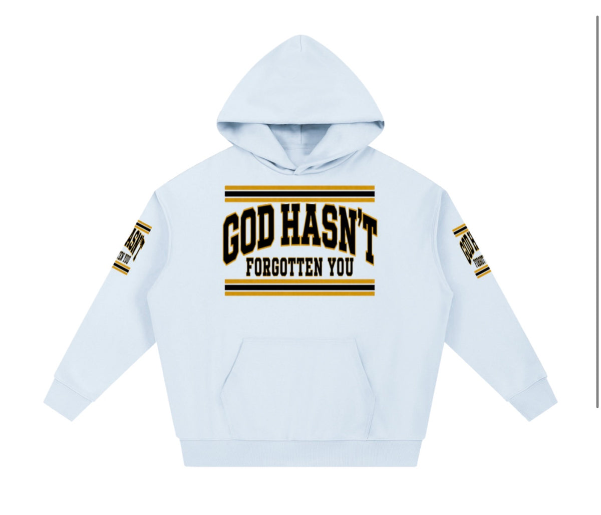 God Hasn't Forgotten You heavyweight varsity hoodie in blue