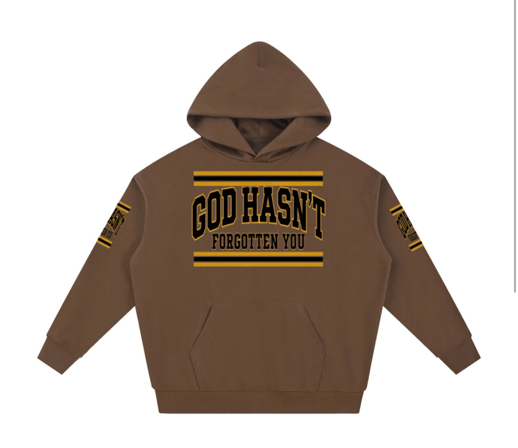 God Hasn't Forgotten You heavyweight varsity hoodie in coffee