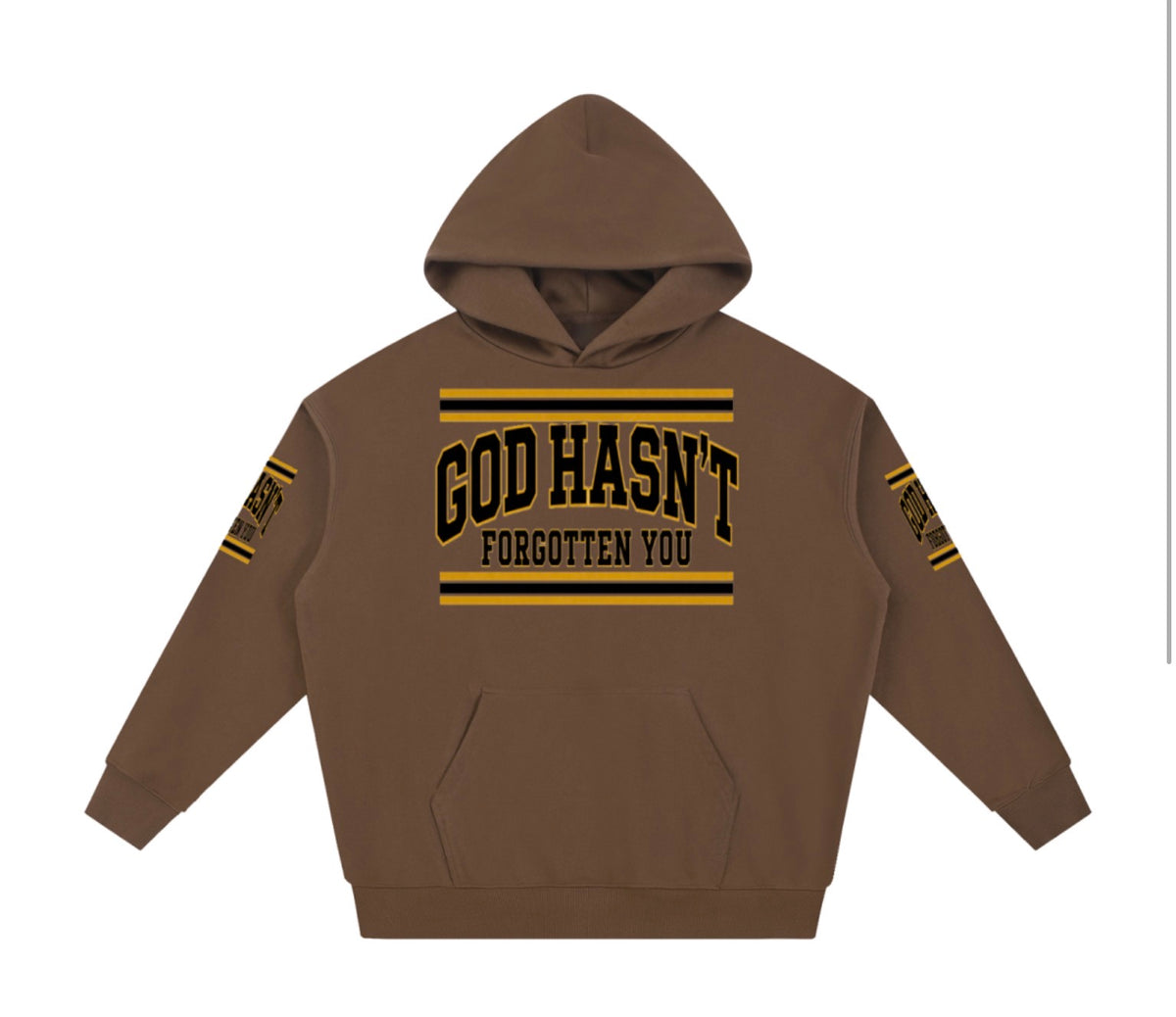 God Hasn't Forgotten You heavyweight varsity hoodie in coffee