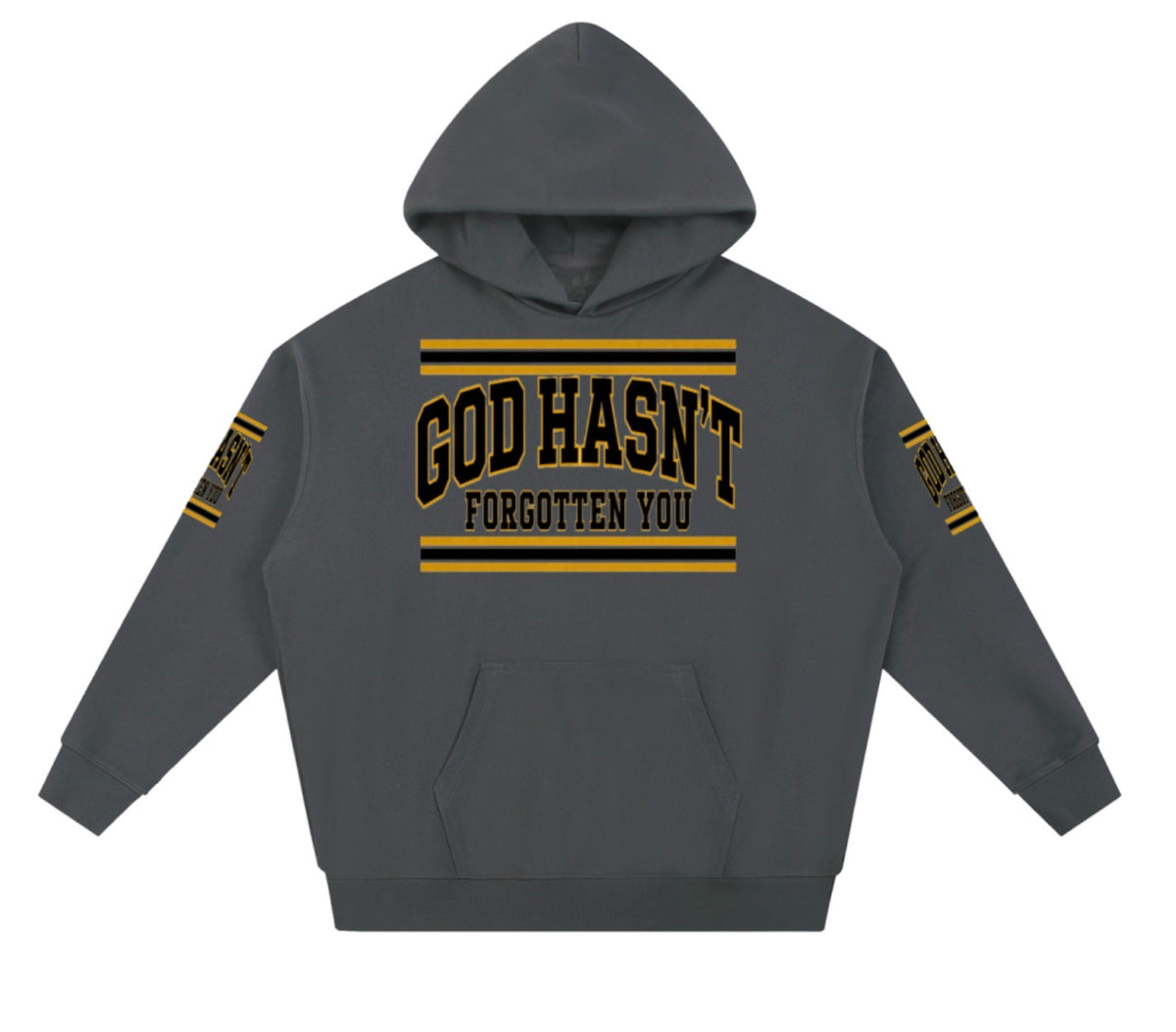 God Hasn't Forgotten You heavyweight varsity hoodie in dark gray