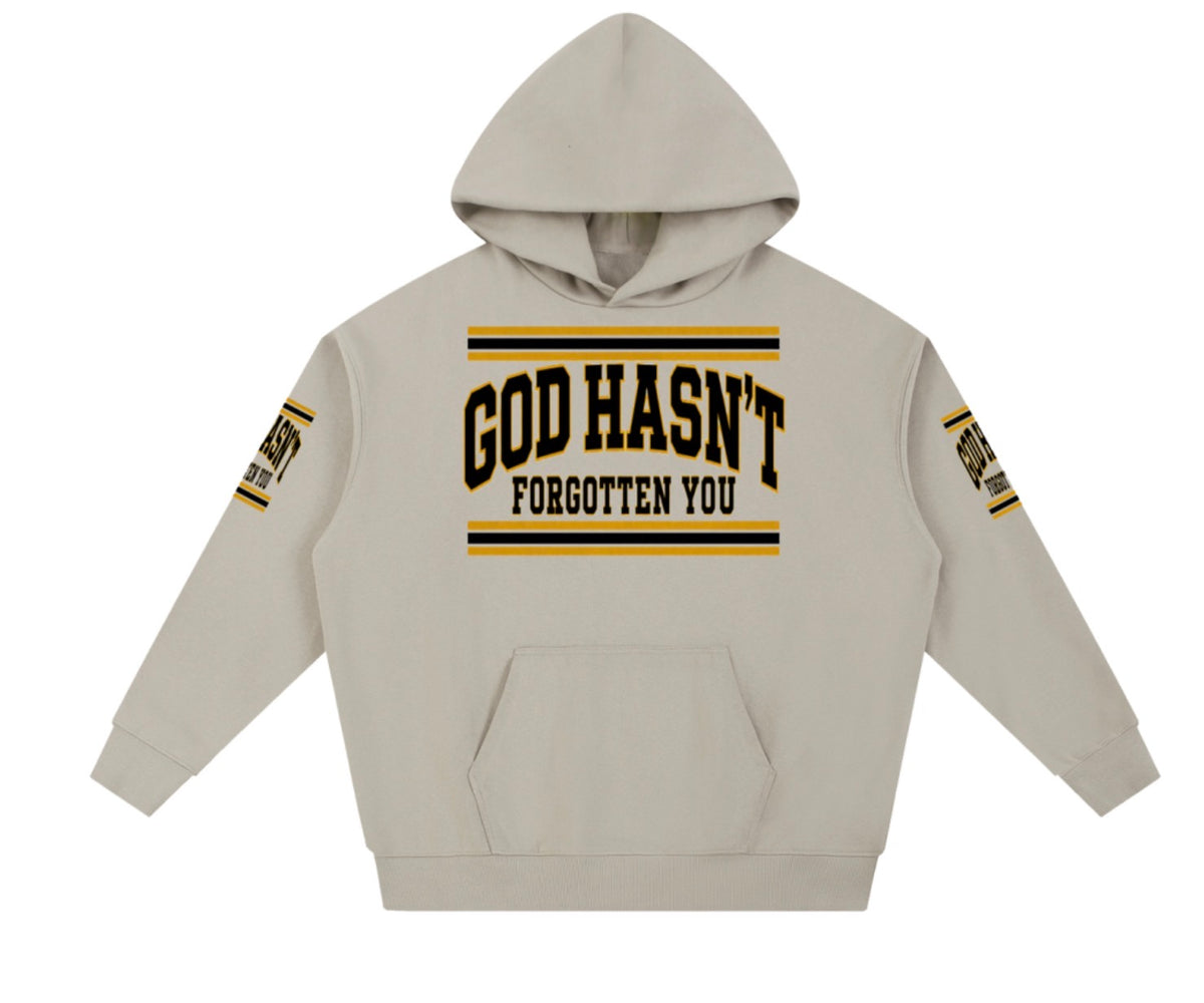 God Hasn't Forgotten You heavyweight varsity hoodie in light gray