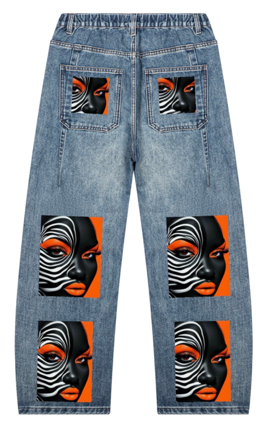 Back view of unisex vintage wash barrel leg denim jeans with black, white, and orange portrait artwork