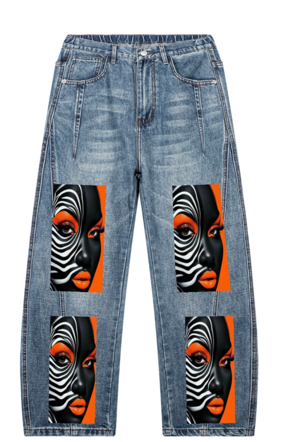 Unisex vintage wash barrel leg denim jeans with black, white, and orange portrait artwork on the front